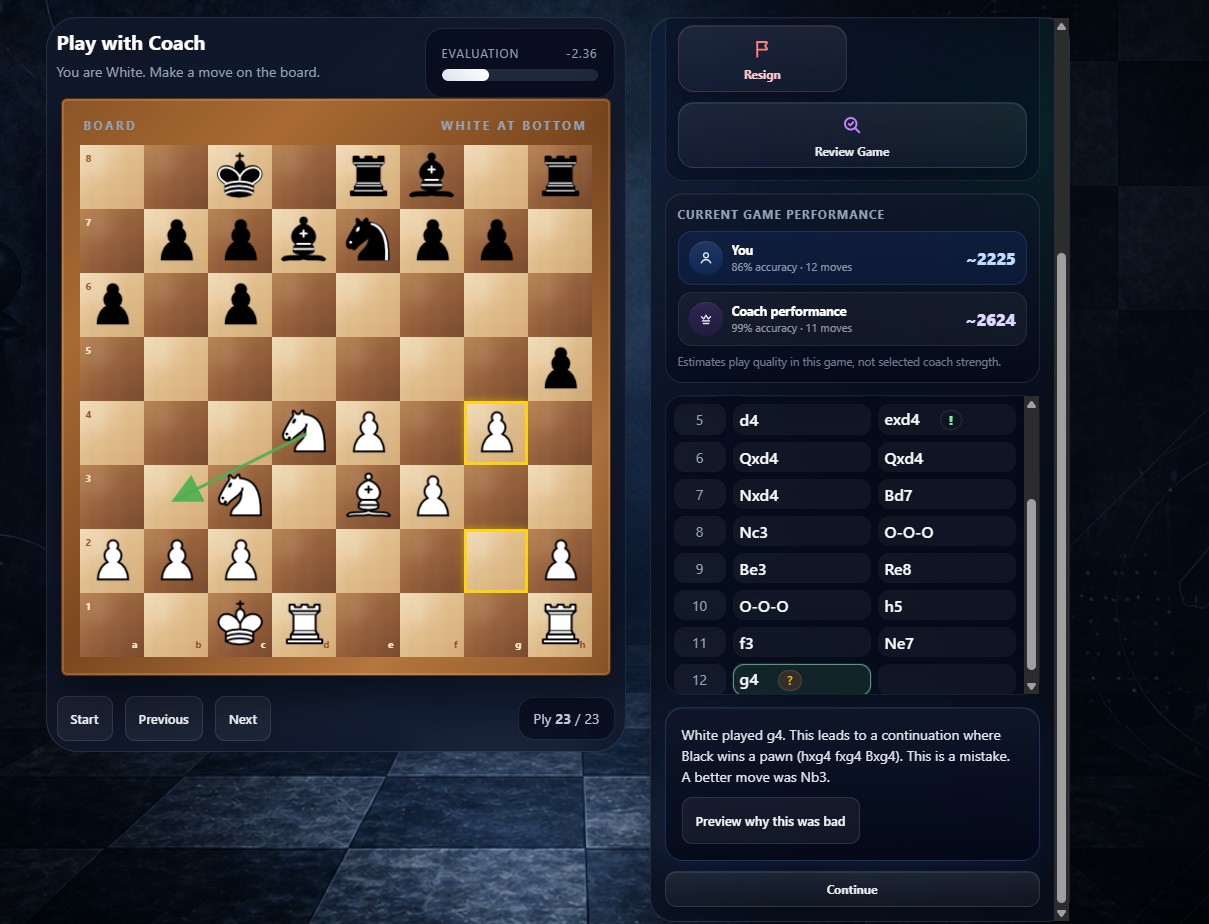 Kaldric Chess Play with Coach interface showing the board, move list, performance estimates, and coach feedback